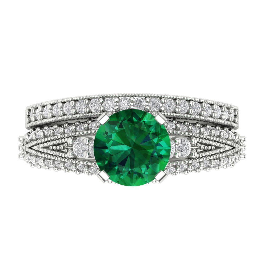 2.095 cttw Round Cut Simulated Emerald Bridal Set - Solid White Gold Engagement Ring & Wedding Band