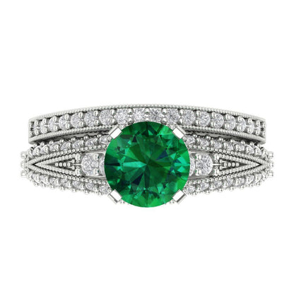 2.095 cttw Round Cut Simulated Emerald Bridal Set - Solid White Gold Engagement Ring & Wedding Band