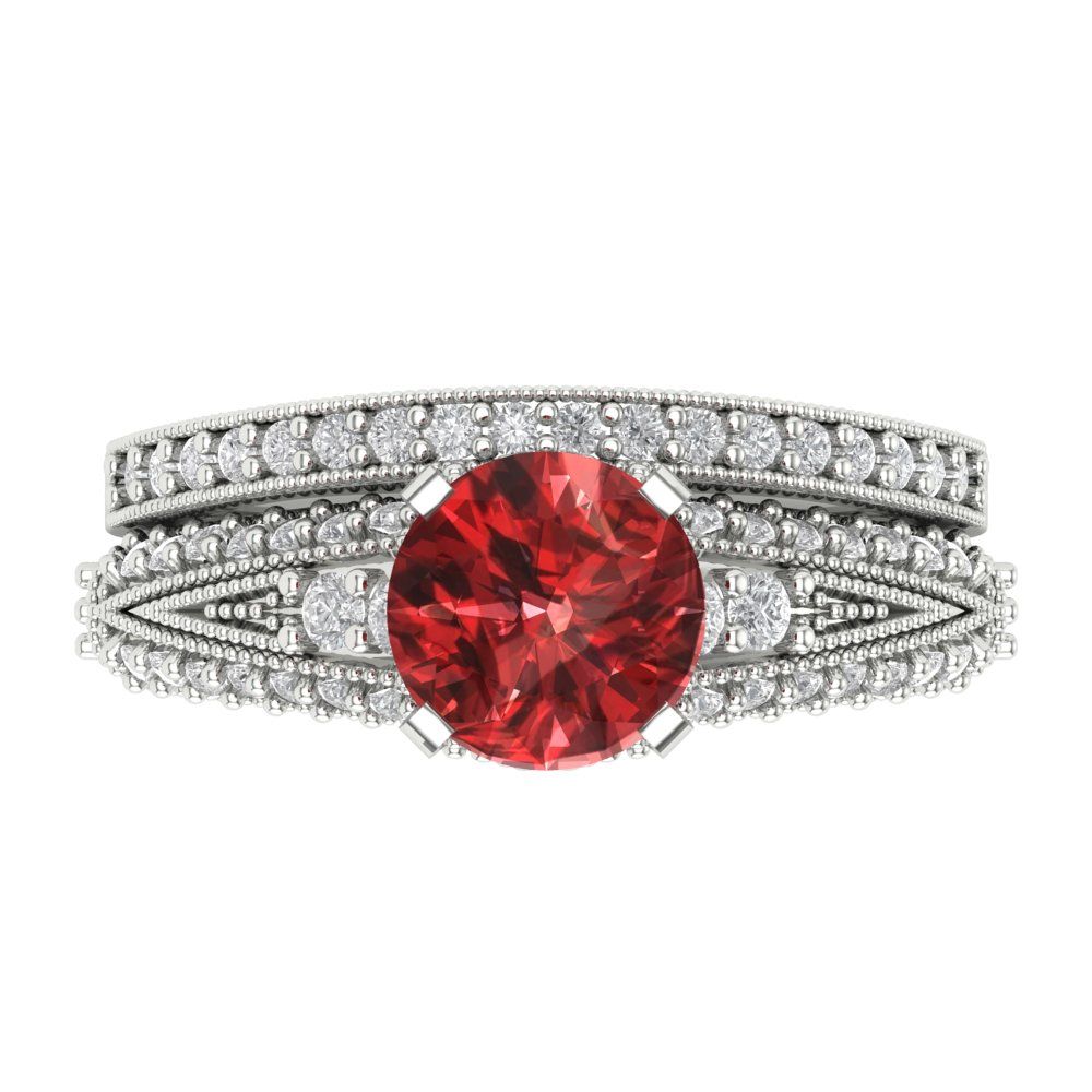 2.095 cttw Round Cut Natural Garnet Bridal Set - Solid White Gold Engagement Ring & Wedding Band