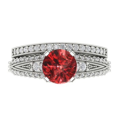 2.095 cttw Round Cut Natural Garnet Bridal Set - Solid White Gold Engagement Ring & Wedding Band