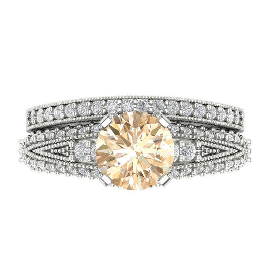 2.095 cttw Round Cut Natural Morganite Bridal Set - Solid White Gold Engagement Ring & Wedding Band