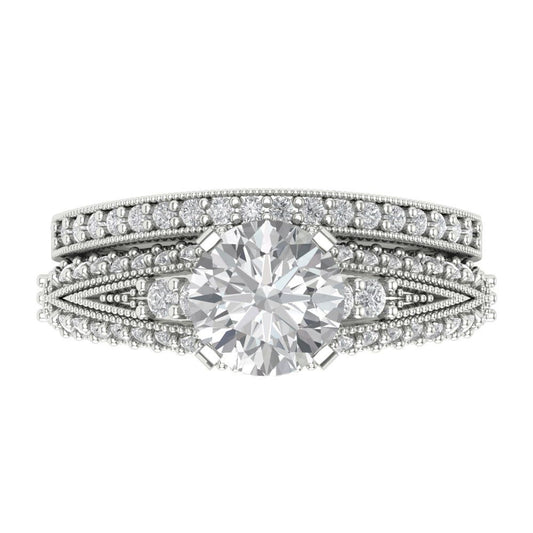 2.095 cttw Round Cut Zirconia Simulated Diamond Bridal Set - Solid White Gold Engagement Ring & Wedding Band