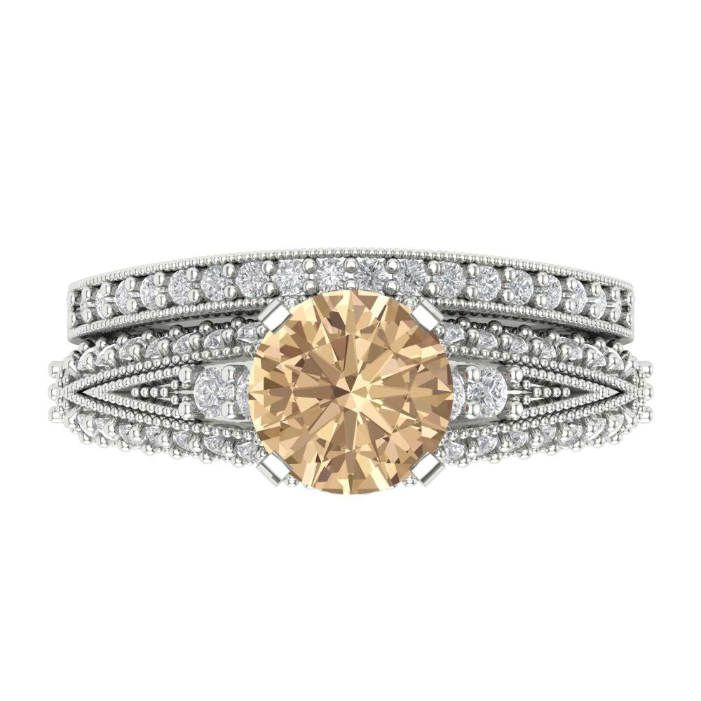 2.095 cttw Round Cut Yellow Moissanite Bridal Set - Solid White Gold Engagement Ring & Wedding Band