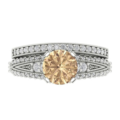 2.095 cttw Round Cut Yellow Moissanite Bridal Set - Solid White Gold Engagement Ring & Wedding Band