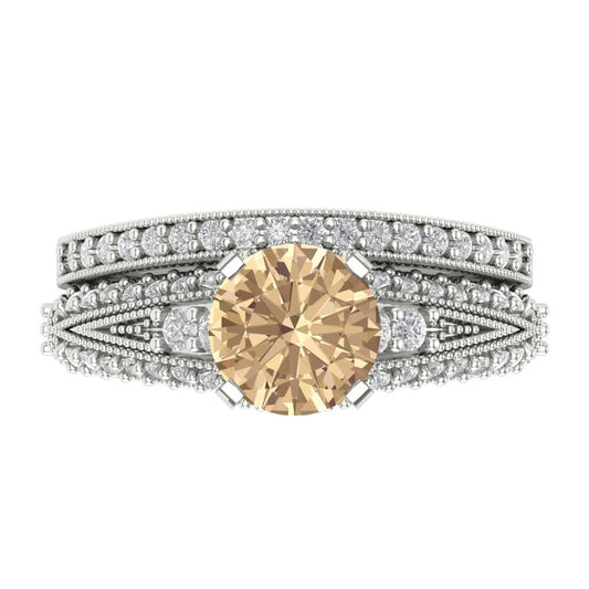 2.095 cttw Round Cut Yellow Moissanite Bridal Set - Solid White Gold Engagement Ring & Wedding Band