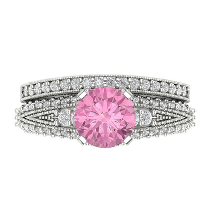 2.095 cttw Round Cut Simulated Pink Diamond Bridal Set - Solid White Gold Engagement Ring & Wedding Band