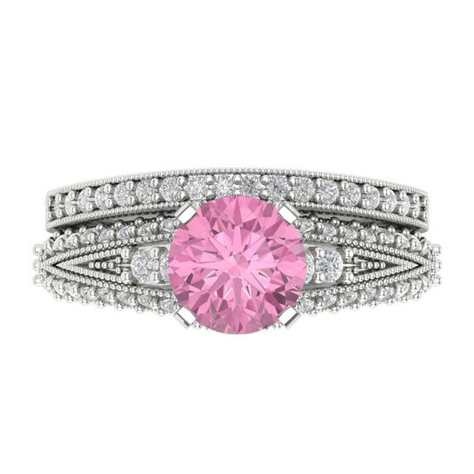 2.095 cttw Round Cut Simulated Pink Diamond Bridal Set - Solid White Gold Engagement Ring & Wedding Band