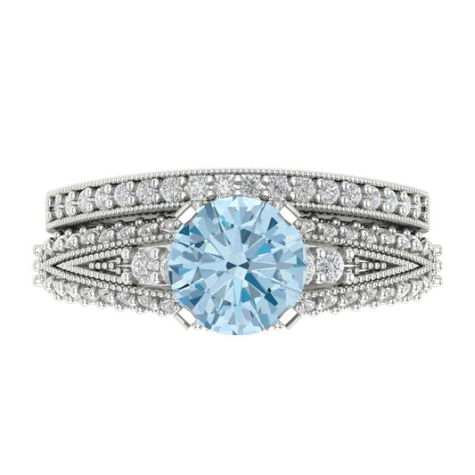 2.095 cttw Round Cut Natural Sky Blue Topaz Bridal Set - Solid White Gold Engagement Ring & Wedding Band
