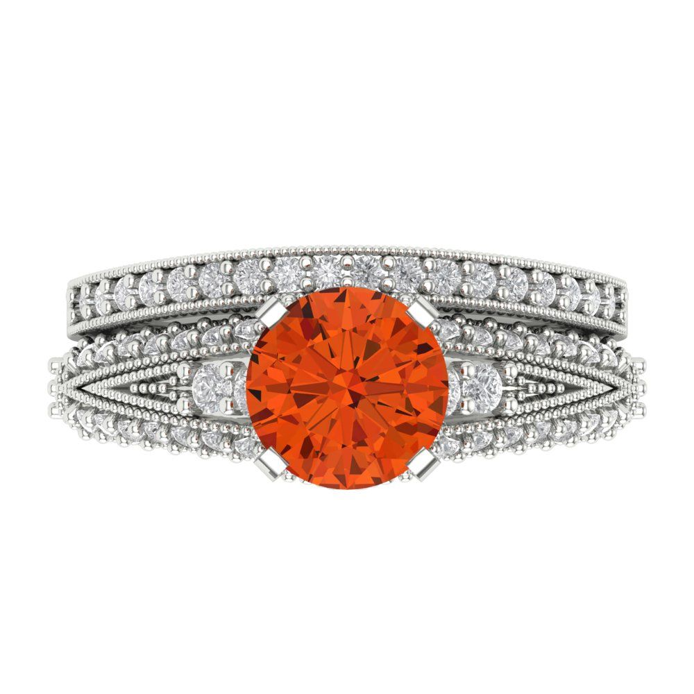 2.095 cttw Round Cut Simulated Red Diamond Bridal Set - Solid White Gold Engagement Ring & Wedding Band