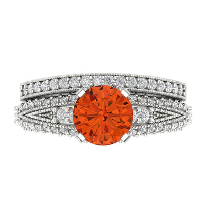 2.095 cttw Round Cut Simulated Red Diamond Bridal Set - Solid White Gold Engagement Ring & Wedding Band