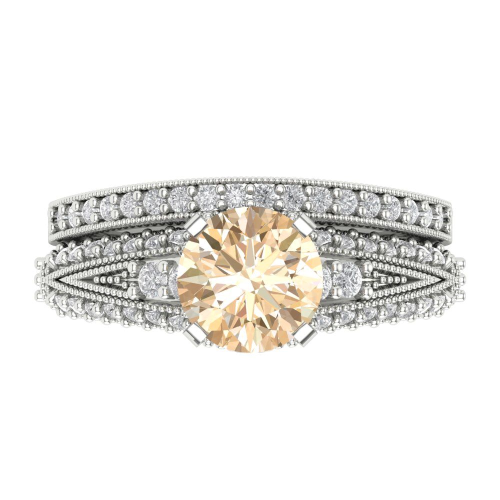 2.095 cttw Round Cut Simulated Yellow Diamond Bridal Set - Solid White Gold Engagement Ring & Wedding Band