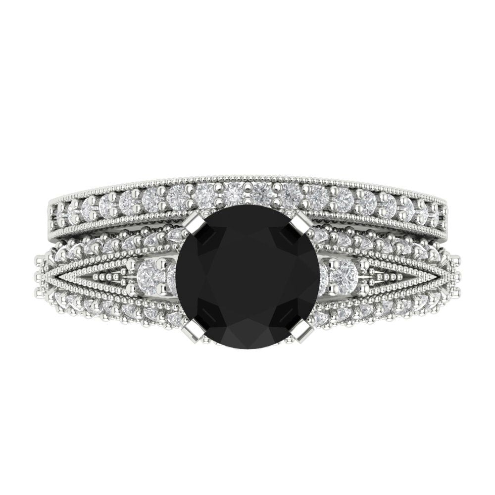 2.095 cttw Round Cut Natural Onyx Bridal Set - Solid White Gold Engagement Ring & Wedding Band