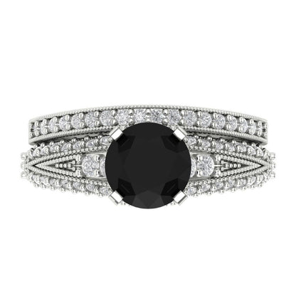 2.095 cttw Round Cut Natural Onyx Bridal Set - Solid White Gold Engagement Ring & Wedding Band