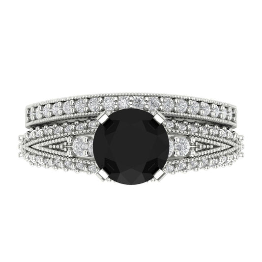 2.095 cttw Round Cut Natural Onyx Bridal Set - Solid White Gold Engagement Ring & Wedding Band