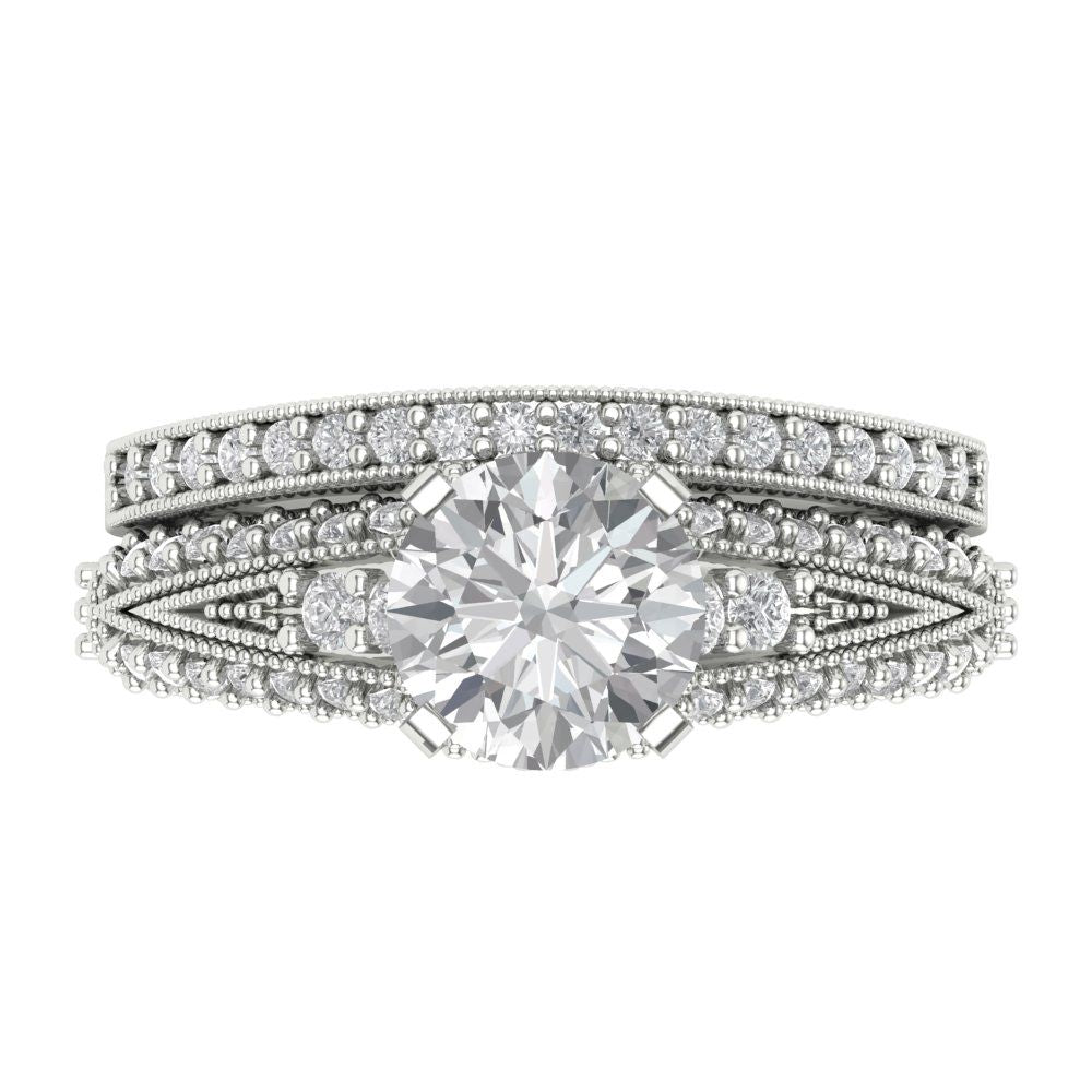 2.095 cttw Round Cut Moissanite Bridal Set - Solid White Gold Engagement Ring & Wedding Band