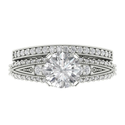 2.095 cttw Round Cut Moissanite Bridal Set - Solid White Gold Engagement Ring & Wedding Band