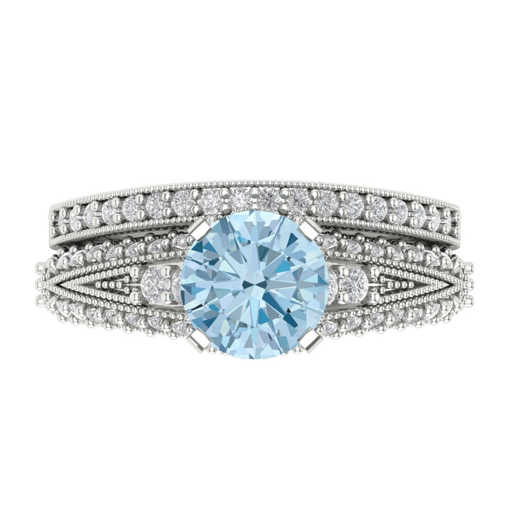 2.095 cttw Round Cut Natural Swiss Blue Topaz Bridal Set - Solid White Gold Engagement Ring & Wedding Band