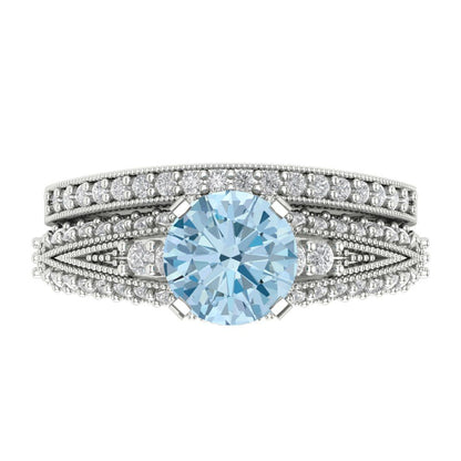 2.095 cttw Round Cut Natural Swiss Blue Topaz Bridal Set - Solid White Gold Engagement Ring & Wedding Band