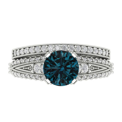 2.095 cttw Round Cut Natural London Blue Topaz Bridal Set - Solid White Gold Engagement Ring & Wedding Band
