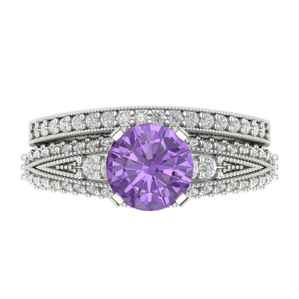 2.095 cttw Round Cut Simulated Alexandrite Bridal Set - Solid White Gold Engagement Ring & Wedding Band
