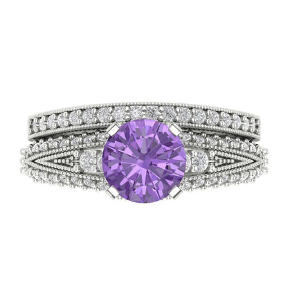 2.095 cttw Round Cut Simulated Alexandrite Bridal Set - Solid White Gold Engagement Ring & Wedding Band