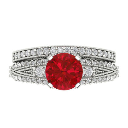 2.095 cttw Round Cut Simulated Pink Tourmaline Bridal Set - Solid White Gold Engagement Ring & Wedding Band