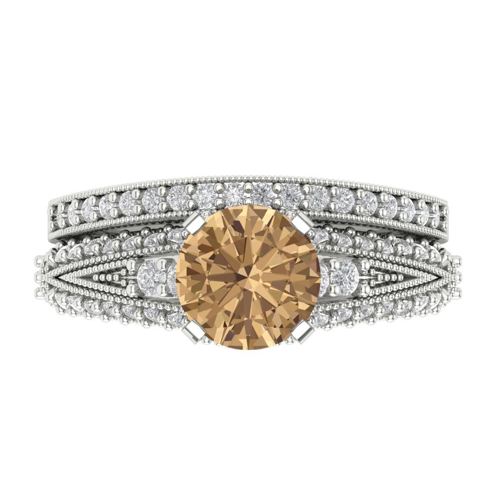 2.095 cttw Round Cut Simulated Champagne Diamond Bridal Set - Solid White Gold Engagement Ring & Wedding Band