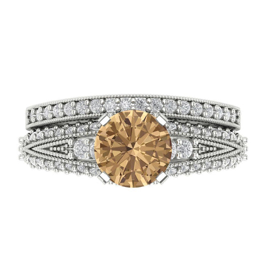2.095 cttw Round Cut Simulated Champagne Diamond Bridal Set - Solid White Gold Engagement Ring & Wedding Band