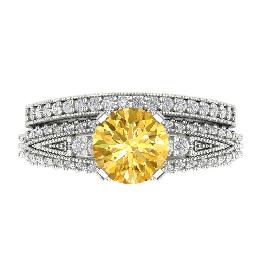 2.095 cttw Round Cut Natural Citrine Bridal Set - Solid White Gold Engagement Ring & Wedding Band