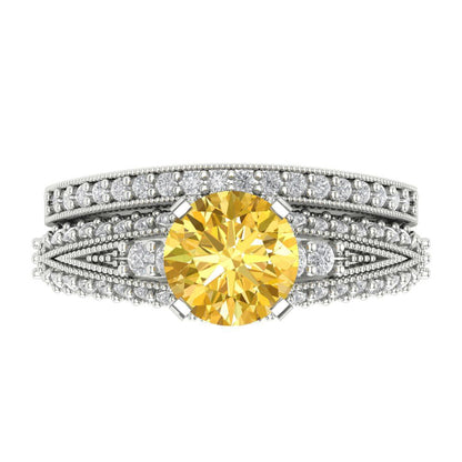 2.095 cttw Round Cut Natural Citrine Bridal Set - Solid White Gold Engagement Ring & Wedding Band
