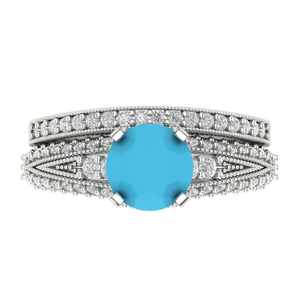 2.095 cttw Round Cut Simulated Turquoise Bridal Set - Solid White Gold Engagement Ring & Wedding Band