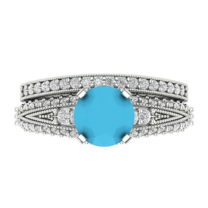 2.095 cttw Round Cut Simulated Turquoise Bridal Set - Solid White Gold Engagement Ring & Wedding Band