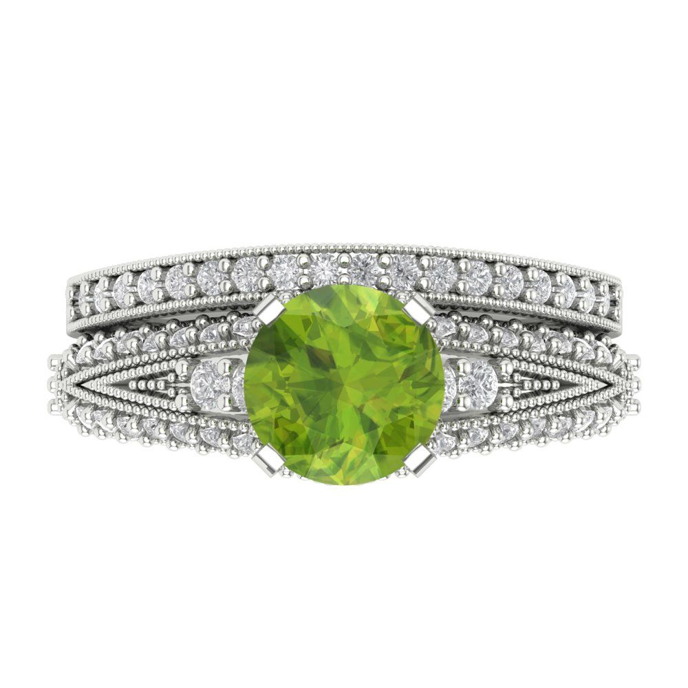 2.095 cttw Round Cut Natural Peridot Bridal Set - Solid White Gold Engagement Ring & Wedding Band