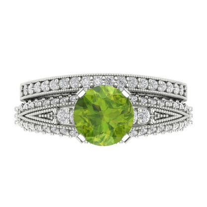 2.095 cttw Round Cut Natural Peridot Bridal Set - Solid White Gold Engagement Ring & Wedding Band