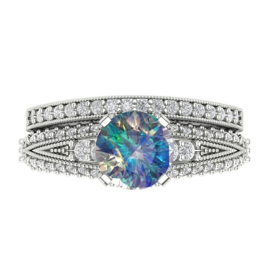 2.095 cttw Round Cut Blue Moissanite Bridal Set - Solid White Gold Engagement Ring & Wedding Band