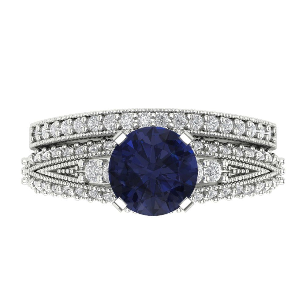 2.095 cttw Round Cut Simulated Blue Sapphire Bridal Set - Solid White Gold Engagement Ring & Wedding Band