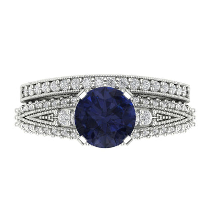 2.095 cttw Round Cut Simulated Blue Sapphire Bridal Set - Solid White Gold Engagement Ring & Wedding Band