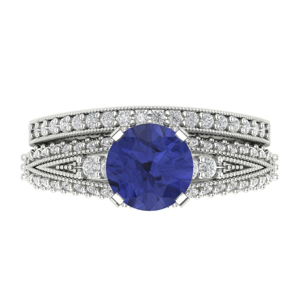 2.095 cttw Round Cut Simulated Tanzanite Bridal Set - Solid White Gold Engagement Ring & Wedding Band