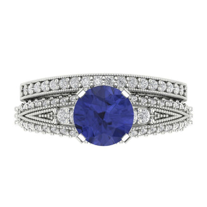 2.095 cttw Round Cut Simulated Tanzanite Bridal Set - Solid White Gold Engagement Ring & Wedding Band
