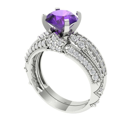 2.095 cttw Round Cut Natural Amethyst Bridal Set - Solid White Gold Engagement Ring & Wedding Band