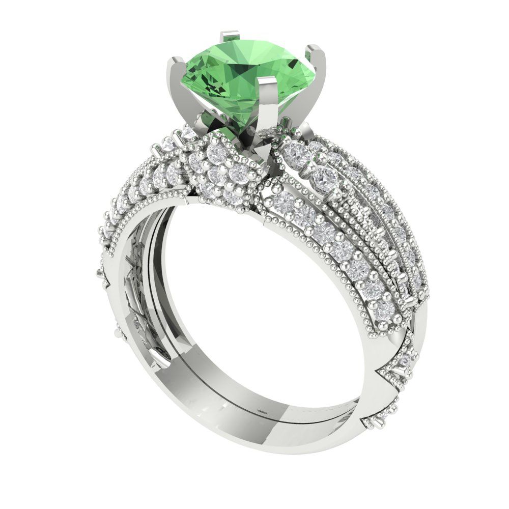 2.095 cttw Round Cut Simulated Green Diamond Bridal Set - Solid White Gold Engagement Ring & Wedding Band