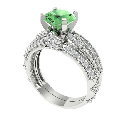 2.095 cttw Round Cut Simulated Green Diamond Bridal Set - Solid White Gold Engagement Ring & Wedding Band