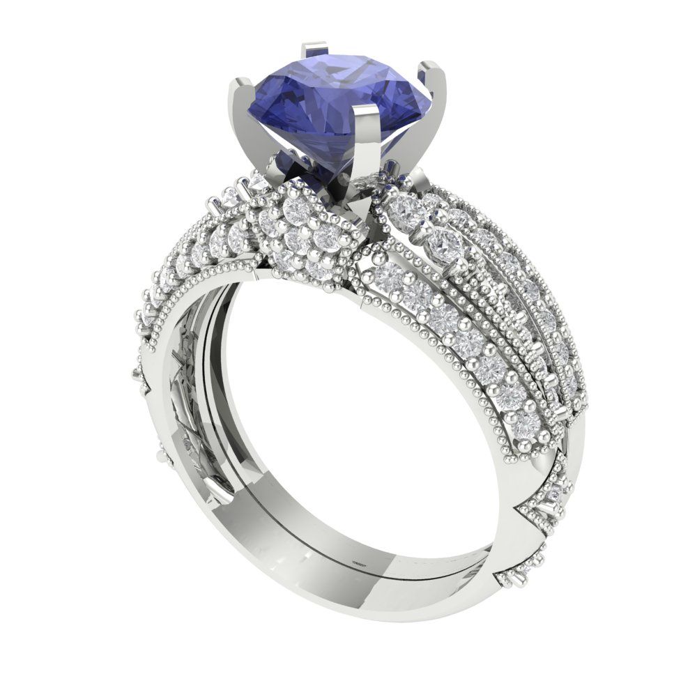 2.095 cttw Round Cut Simulated Tanzanite Bridal Set - Solid White Gold Engagement Ring & Wedding Band