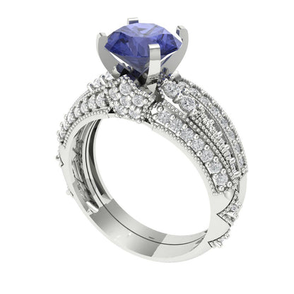2.095 cttw Round Cut Simulated Tanzanite Bridal Set - Solid White Gold Engagement Ring & Wedding Band