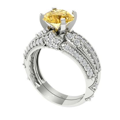 2.095 cttw Round Cut Natural Citrine Bridal Set - Solid White Gold Engagement Ring & Wedding Band