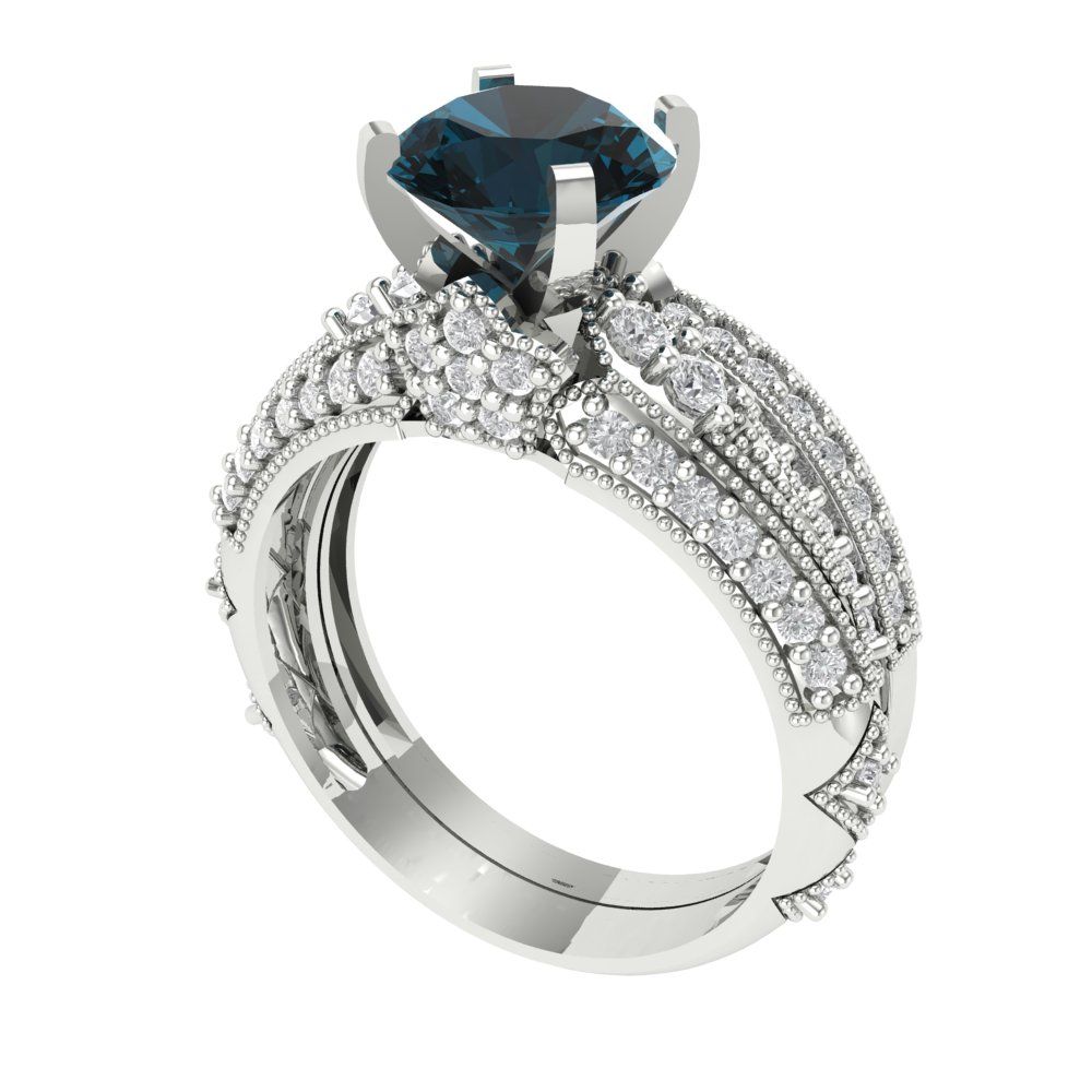 2.095 cttw Round Cut Natural London Blue Topaz Bridal Set - Solid White Gold Engagement Ring & Wedding Band