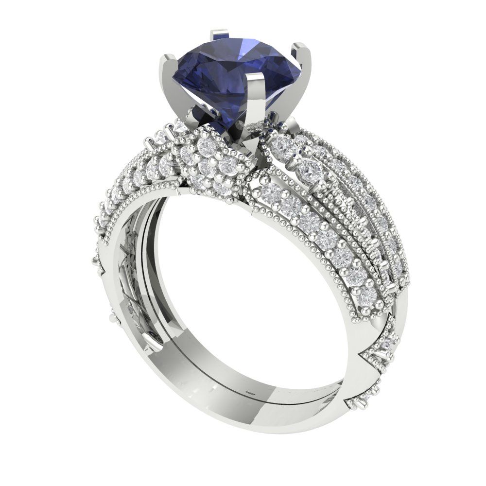 2.095 cttw Round Cut Simulated Blue Sapphire Bridal Set - Solid White Gold Engagement Ring & Wedding Band