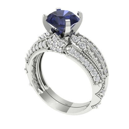 2.095 cttw Round Cut Simulated Blue Sapphire Bridal Set - Solid White Gold Engagement Ring & Wedding Band