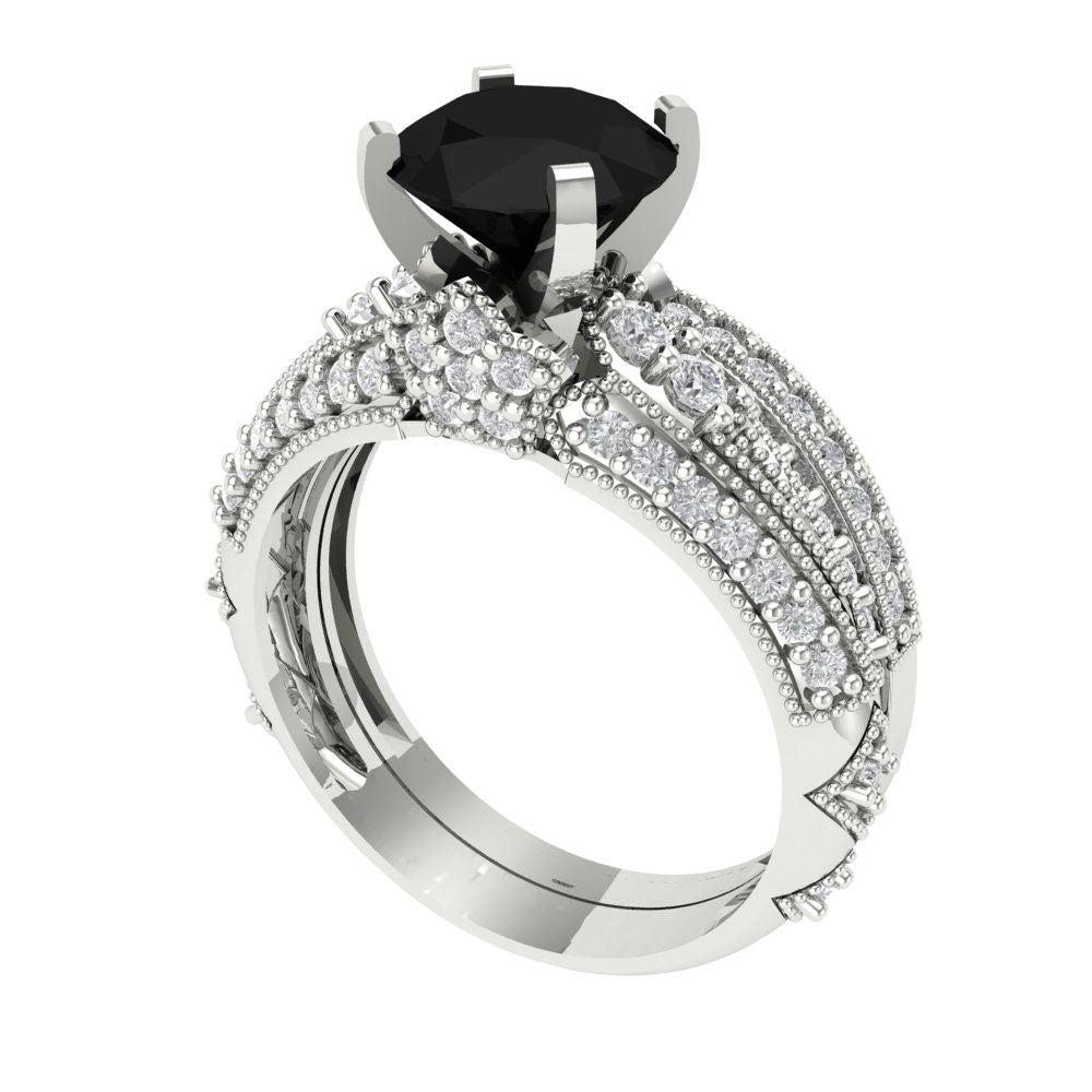 2.095 cttw Round Cut Natural Onyx Bridal Set - Solid White Gold Engagement Ring & Wedding Band