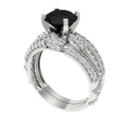 2.095 cttw Round Cut Natural Onyx Bridal Set - Solid White Gold Engagement Ring & Wedding Band
